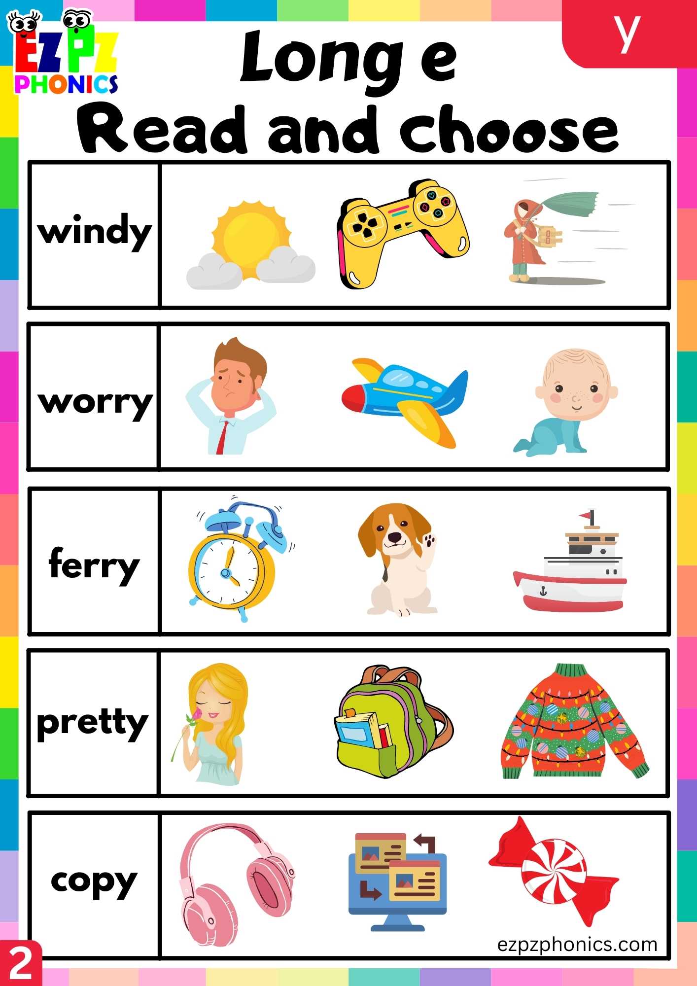 Group2 Y Words Read And Choose Long E Phonics Worksheet